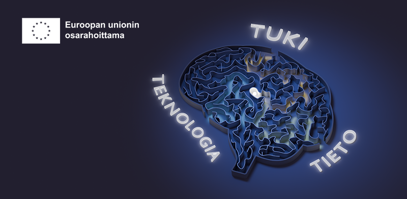 Tuki, teknologia ja tieto sanat ympäröivät tummalla pohjalla olevaa aivoja kuvaavaa labyrinttia