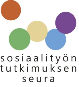 Sosiaalityön tutkimuksen seuran logo, jossa on 5 kpl eri väristä ympyrää